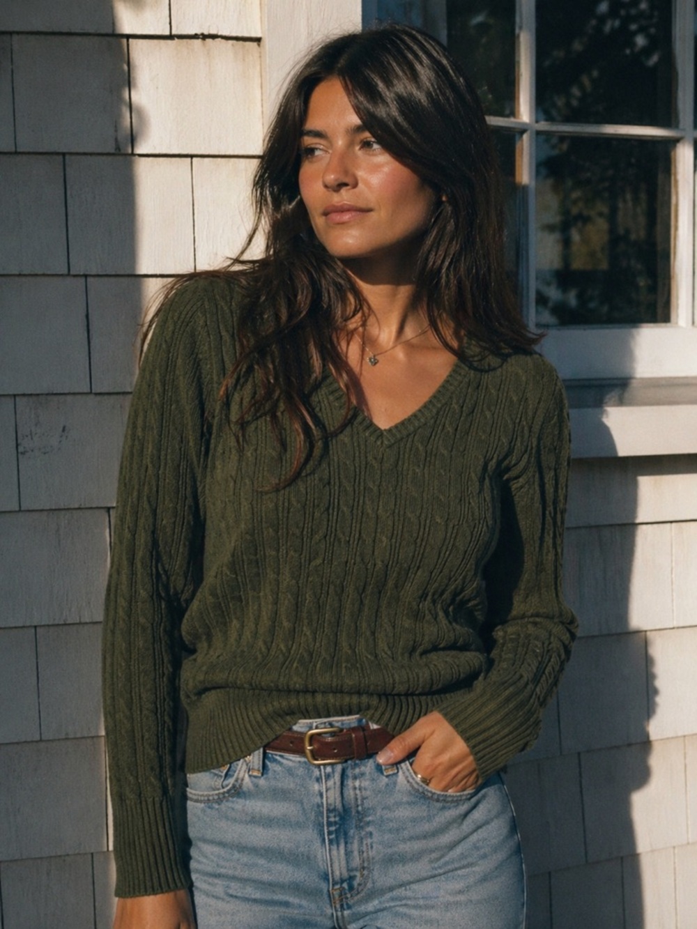 St. John’s Bay Olive Green Cable Knit V-Neck Sweater XL | Classic 90s Minimalist